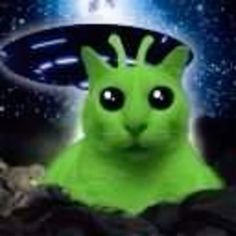 a green cat with big eyes sitting in front of a space background