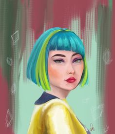 a digital painting of a woman with blue and green hair wearing a yellow top, looking at the camera