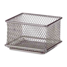 a silver wire basket on a white background