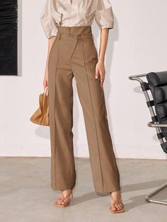 Women Fashion Solid Color Straight-Leg High-Waisted Pants Brown Casual   Fabric Plain Straight Leg Non-Stretch All Women Clothing, size features are:Bust: ,Length: ,Sleeve Length: Pant Suits For Women, Mom Pants, Fashion Design Sketches, Suit Pants, Style Mistakes, Kids Sleepwear, High Waisted Pants, Suits For Women, All Fashion