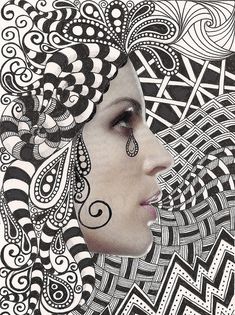 a drawing of a woman's face with black and white designs on it