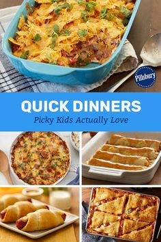 a collage of pictures with the words quick dinners and picty kids actually love