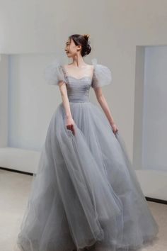 Gray Tulle A Line Short Sleeves Long Prom Dresses, Long Gray Formal Graduation Evening Dresses #promdress #promdresses #prom2024 #graydresses #formaldresses #eveningdresses #partydresses Grey Prom Dress, A Line Prom Dress, Party Dress Sale, Floor Length Prom Dresses, Evening Dresses With Sleeves, A Line Shorts, A Line Prom Dresses, Tulle Prom Dress, Wholesale Dress