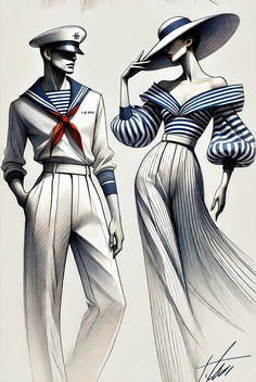 two women in sailor's outfits, one wearing a hat and the other wears a dress