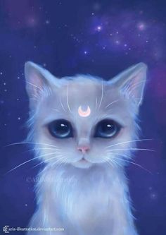 a painting of a white cat with blue eyes and stars in the sky behind it