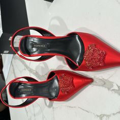 Red Satin Versace,Good Condition Used Only One Time Satin High Heels, Versace Heels, Versace Sandals, Black High Heel Sandals, Versace Blue, Black Patent Heels, Heels Red, Versace Shoes, Caged Heels