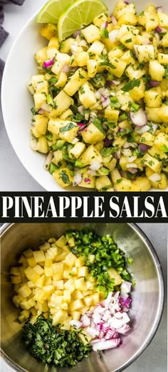 pineapple salsa in a white bowl with limes and cilantro