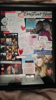 a cell phone is covered in photos and hearts, with the words our first year written on it