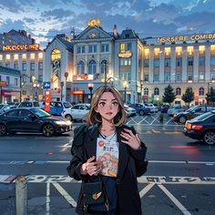 a woman standing on the side of a road in front of a building with cars