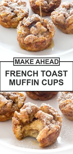 french toast muffin cups on a white plate with the title overlay reading easy french toast muffin cups