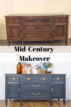 an old dresser is painted blue and gold with the words mid century makeover