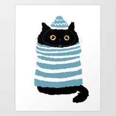 a black cat wearing a blue and white striped sweater with yellow eyes, sitting in front of a white wall