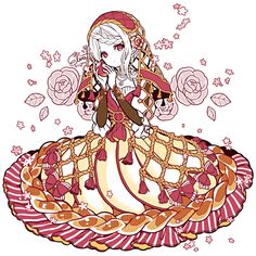 an anime character sitting on top of a large piece of fabric with roses around it