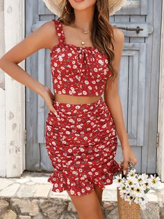 Women's Swimsuit Set: Small Floral Skirt with Chest Cup Strap Vest Top Fitted Summer Sets With Mini Skirt, Casual Mini Skirt Sets For Summer, Fitted Summer Sets In Mini Length, Summer Party Skirt Sets, Fitted Skirt Set For Vacation In Spring, Fitted Skirt Set For Spring Vacation, Casual Summer Skirt Set, Two-piece Skirt Set For Summer Vacation, Fitted Skirt Set For Beach Summer