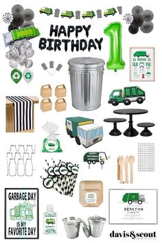 a birthday card with green and black items