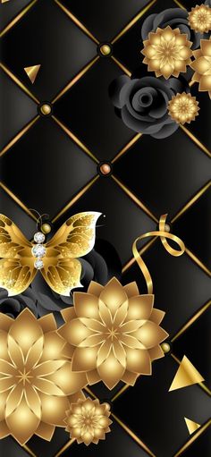 a black and gold wallpaper with flowers and butterflies on it's back ground