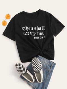 A knit tee featuring front “Thou Shall Not Try Me” and “Mood 24:7” text graphics, a crew neck, short sleeves, and a boxy fit. Create an optional cropped hem by knotting the front. Pair this graphic T-shirt with distressed boyfriend jeans and checkered sneakers to complete this sassy yet casual look.   Style:Casual   Color:Black   Pattern Type:Slogan   Neckline:Round Neck   Length:Regular   Sleeve Length:Short Sleeve   Season:Summer   Fit Type:Regular Fit   Sheer:No   Placket Type:Pullovers   Mat Letter Print Tee, Distressed Boyfriend Jeans, Boxy Tee, Tees For Women, Knit Tees, Black Pattern, Printed Tees, Boyfriend Jeans