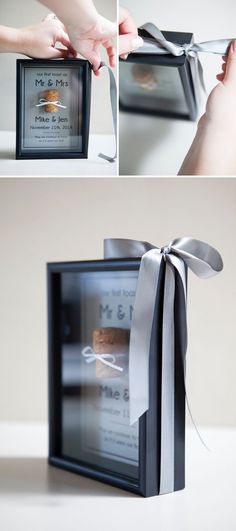 a box with a ribbon tied around it and some pictures in the bottom right corner