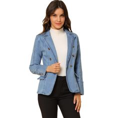 It is a regular-fitting denim jacket, featuring vintage-inspired light blue, and it will last you throughout all the seasons! Made of soft and comfy cotton fabric, this denim jacket adds sophisticated style to your ensemble with its notched collar, double-breasted design, and four-button front closure. Weekdays at work, shopping, trips, and everything in between will help you achieve a variety of stylish looks all throughout the year. Opt for a business-casual look by pairing it with slim-fit tr Satin Cardigan, Demin Jacket, Long Sleeve Denim Jacket, Denim Pocket, Jacket With Pockets, Faux Suede Jacket, Sequin Jacket, Denim Blazer, Blazer With Jeans