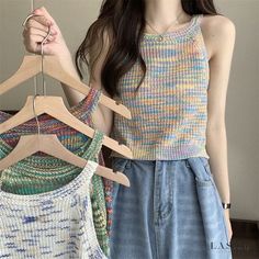 Lasaky - Stylish Rainbow Knit Camisole with Color Block Design, Versatile Sleeveless Top for Layering or Wearing Alone Knitted Camisole, Knit Camisole, Girls Tank Top, Striped Vests, Tanktop Girl, Tank Girl, Vest Fashion, Solid Clothes, Style Streetwear