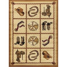 an area rug with cowboy themed items on the front and back sides, including boots, hats