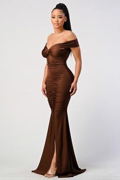 OFF-SHOULDER RUCHED MERMAID MAXI DRESS 82% POLYESTER 18% ELASTANE Brown Prom Dress, Long Hoco Dresses, Brown Prom Dresses, Brown Dresses Formal, Dream Prom Dress, Mermaid Maxi Dress, Off Shoulder Dresses, Grad Dresses, Prom Outfits