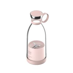 a pink glass water bottle with a lid and an empty cup in the bottom, on a white background