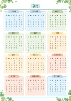 a calendar for the new year with green leaves and watercolors on white background