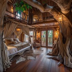 a bedroom with wood flooring and wooden walls, has a canopy bed in the middle