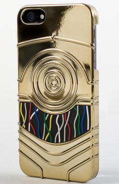 a gold phone case with an abstract design on the front and back cover is shown