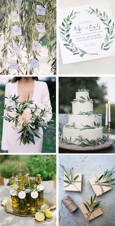 a collage of photos with olives and greenery on them, including wedding cake