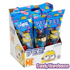 the minion toys are in the packaging for display on white background with caption that reads, despicable me