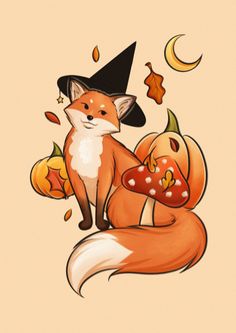 a fox with a witches hat sitting on top of it's back, surrounded by leaves and mushrooms