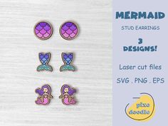 mermaid studs with laser cut outs on them and the text, mermaid stud earrings 3 designs