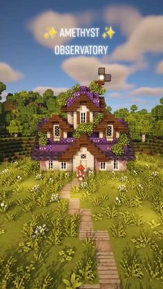 an image of a house in the middle of a field with trees and flowers on it