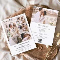 two wedding photos on top of a wooden slice with flowers in the foreground and an image of a couple kissing