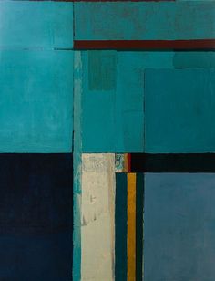 an abstract painting with blue, green and yellow squares on it's sides that appear to be rectangleed