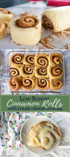 several different types of cinnamon rolls with cream cheese frosting on top and in the bottom