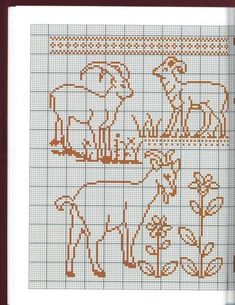 a cross stitch pattern with sheep and flowers on it, in the shape of a book