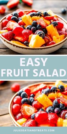 fresh fruit salad in a bowl on top of a wooden table