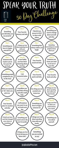 the speak your truth 30 day challenge is shown in black and white with yellow accents