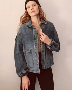 The Blouson Sleeve Chore Jacket. -- Road House Wash – The Great. House Wash, Emily And Meritt, Road House, Vintage Workwear, Blouson Sleeve, Chore Jacket, Colored Denim, Fitness Models, Work Wear