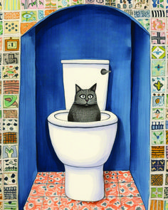 a painting of a cat sitting on top of a toilet in a room with colorful tiles