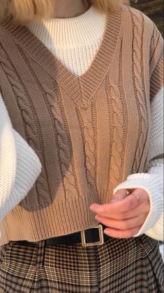 #fashion #winter Vest Top Outfits Aesthetic, V Neck Winter Outfit, Knitted Vest Aesthetic, Korean Knitwear Outfit, V Neck Sweater Outfit Aesthetic, Green Sweater Vest Outfit, Vest Sweater Outfit, Crop Sweater Outfit, V Neck Sweater Outfit