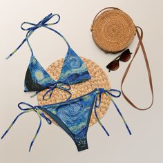 Van Gogh Starry Night String Bikini Set Unique Swimsuit - Etsy Trendy Fitted Swimwear For Vacation, Adjustable Printed Swimwear For Pool, Adjustable Printed Swimwear For The Pool, Adjustable Printed Swimwear For Summer, Printed Adjustable Swimwear For Summer, Star Print Swimwear For Beach Season Vacation, Celestial Bathing Suit, Fitted Star Print Swimwear For Vacation, Festival Fitted Printed Swimwear