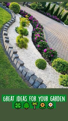 a garden with rocks and flowers on the side of it, in front of a brick walkway