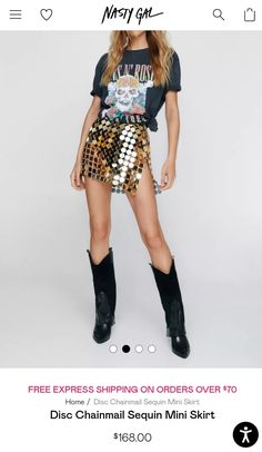 Ibiza Rocks Outfit, Disco Cowgirl Outfit Black, Disco Skirt Outfit, Sequin Cowgirl Outfit, Rock Outfits Women, Disco Cowboy Outfit, Simple Coachella Outfit, Gold Sequin Skirt Outfit, Cowgirl Cocktail