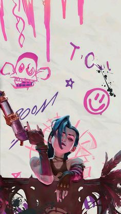 a drawing of a woman holding a bottle in front of a sign with graffiti on it