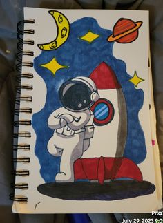 a drawing of an astronaut on a rocket with the moon and stars in the background