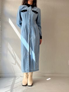 "- Vintage 90s Scarlett long sleeve denim dress - Velvet collar, pocket flaps and cuffs - Pearl snaps up the front - Padded shoulders *easily removable - Tagged 11/12 Bust: 19\" Waist: 15.5\"  Length: 48\"" Fitted Denim Dress With Pockets For Fall, Fitted Long Sleeve Denim Dress For Work, Fitted Long Sleeve Denim Dress With Button Closure, Winter Long Sleeve Cotton Denim Dress, Fitted Collared Denim Dress, Fitted Button-up Denim Dress For Fall, Fitted Medium Wash Denim Dress For Fall, Fitted Long Sleeve Denim Dress With Pockets, Collared Fitted Denim Dress